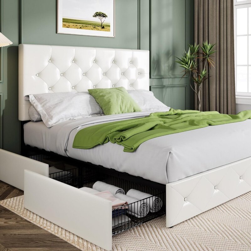 Astwie-estrutura de cama queen size plataforma, com 4 gavetas e cabeceira, botão costurado diamante, colchão tufado