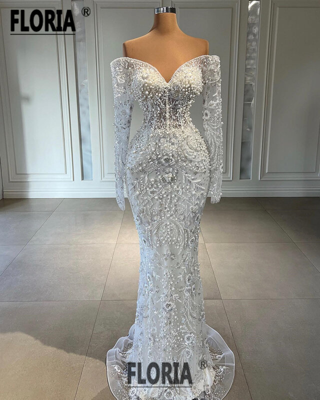 Elegante Volledige Parels Crystal Mermaid Wedding Avondjurk Kralen Off Shoulder Lange Mouwen Formele Prom Dress 2023 Robe De Soiree