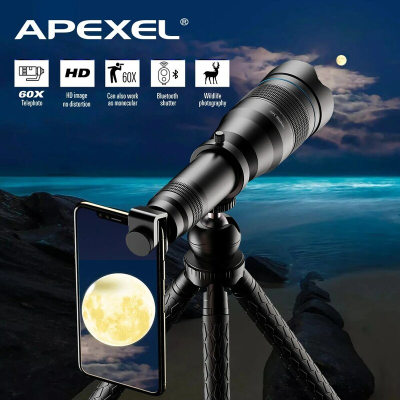 APEXEL-HD 60x 망원경 망원 렌즈 + 미니 셀카 삼각대, 60X 단안, 아이폰 샤오미 기타 스마트 폰 여행 사냥 하이킹용