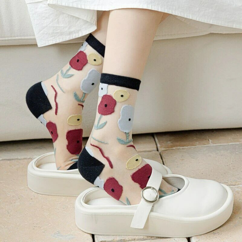 Kave kaus kaki sutra kaca bunga manis tipis Jepang wanita kaus kaki baru musim panas Fashion Ins stoking kartu tren wanita Dropshipping