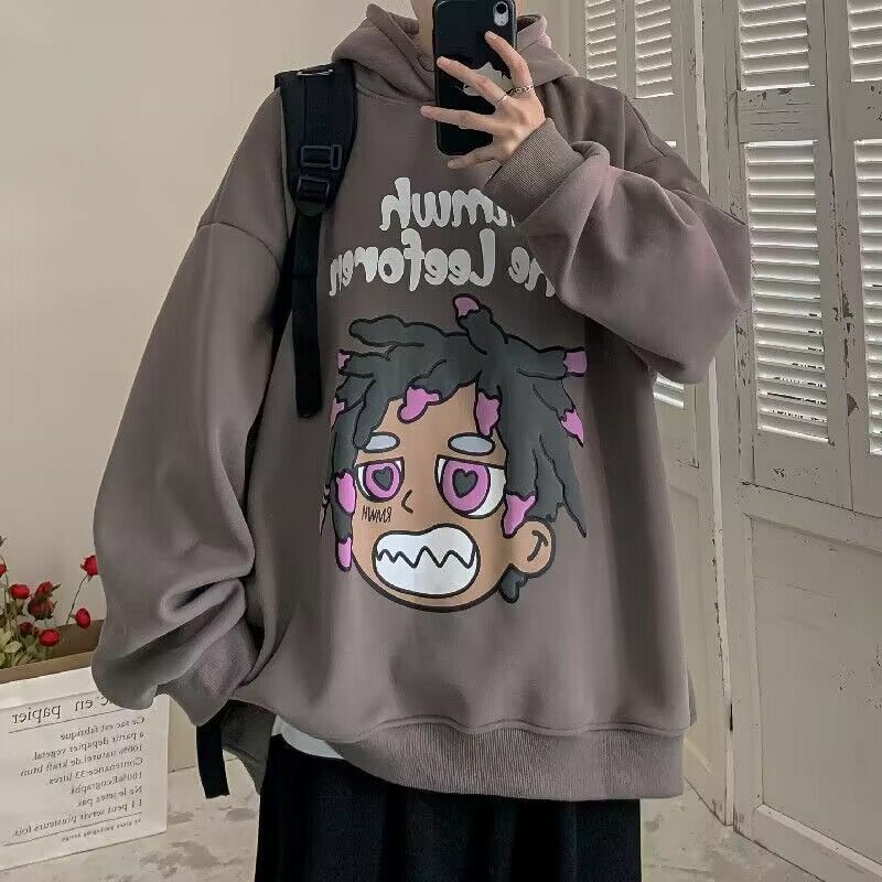 American Retro Character Print Hoodies Women Plush Sweater New Fashion Coat High Street Couples Students Goth Y2k Clothes