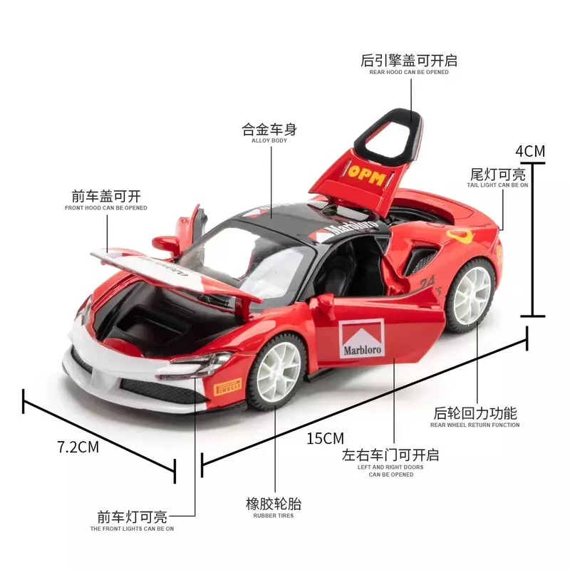 Ferrari SF90-Modèle réduit de voiture de sport en alliage métallique moulé sous pression, échelle 1:32, son et lumière, avec boîte en acrylique, jouet de collection, idéal comme cadeau pour enfant