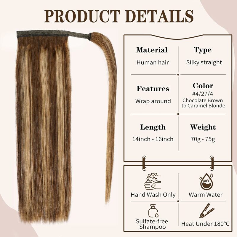 Extensiones de cabello humano Natural Remy, coleta con Clip de extremo grueso, marrón Chocolate, Rubio, resaltado, estilo poni envolvente P4/27, venta de primavera