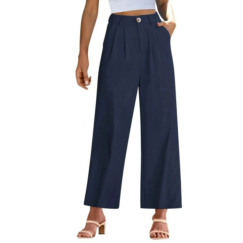 Women's Business Casual Pants Sommer gerade lose Hosen mit weitem Bein Knopf hoch tailliert täglich pendeln formelle Hosen mit Taschen