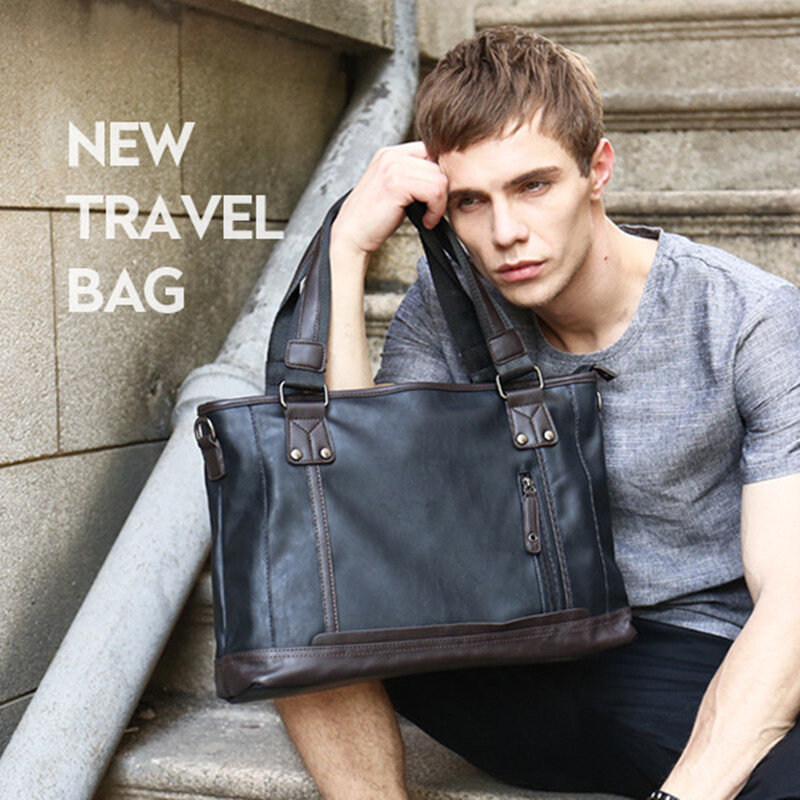 Business Men's Leather Handbag Horizontal Tote Bag Fashion Male Shoulder Messenger 14" High Capacity Laptop