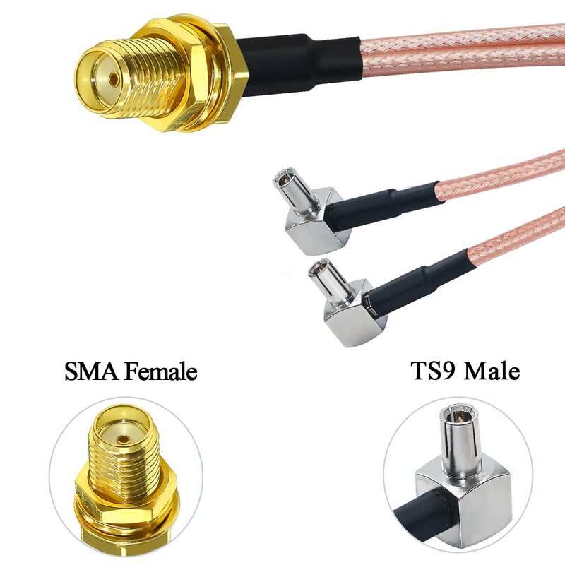 2 pak SMA betina Ke TS9 ganda sudut kanan kabel pemisah jantan 6 inci (15cm) kabel Coax ekstensi RF tipe V Pigtail koaksial