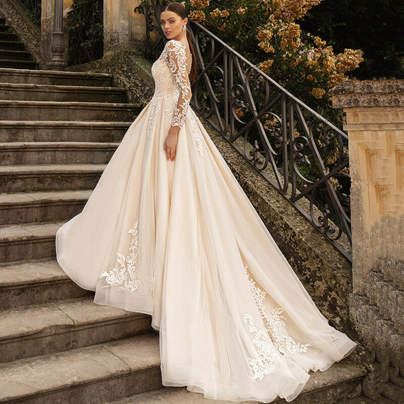 Suknia ślubna księżniczka długa suknia balowa z rękawami 2024 seksowna suknia ślubna z koronką suknia ślubna z dekoltem w serek