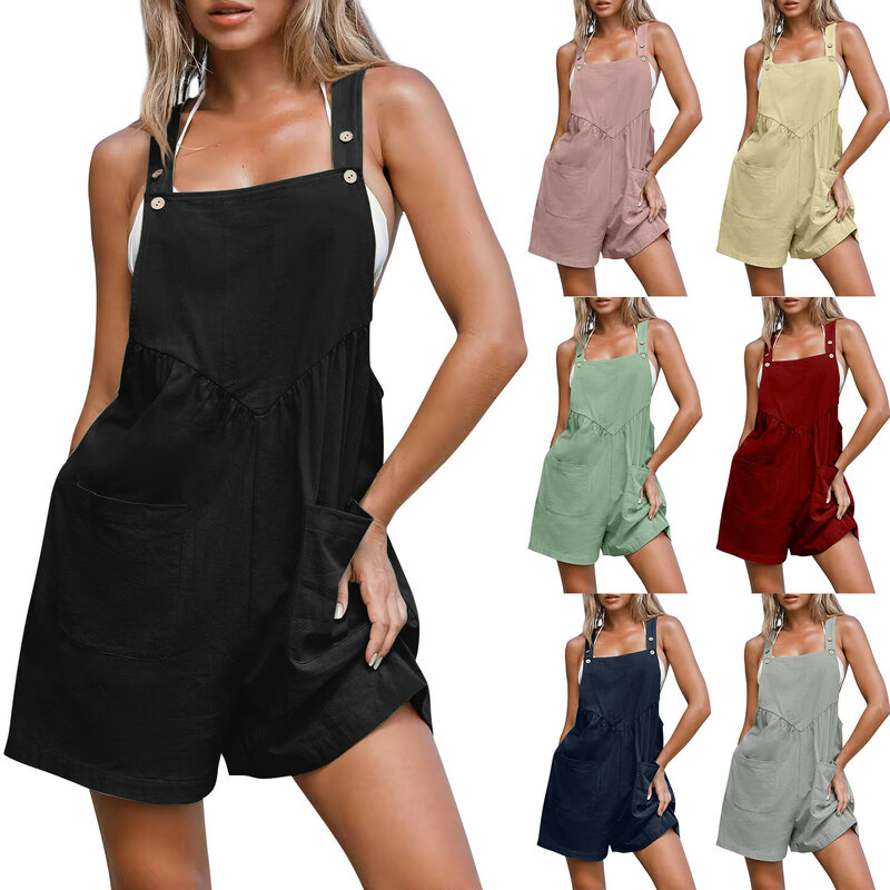 Women'S Shorts Jumpsuits Fashion Casual Loose Solid Sleeveless Jumpsuits Summer New Cargo Style Button Jumpsuits With Pockets