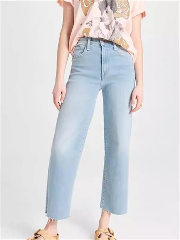 Jeansy damskie jednolity kolor wysoki stan proste, na wiosnę letnie luźny dżins spodnie do kostek