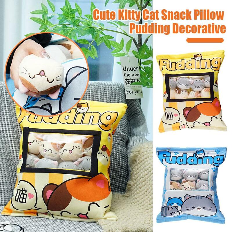 Almofada snack gato fofa, almofada decorativa, bonecas de pelúcia com pudim de gato, brinquedo kawaii, presentes animais