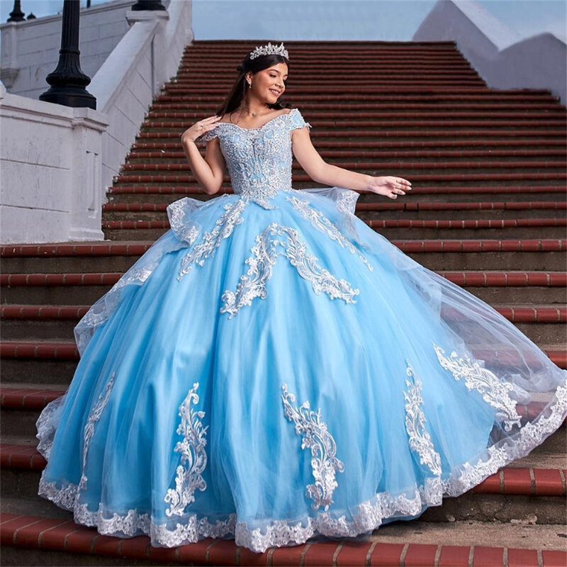 Romantic Princess Quinceanera Dresses Off Shoulder Lace Appliques Crystal Ball Gown Sweet 16 Dresses Vestidos De 15