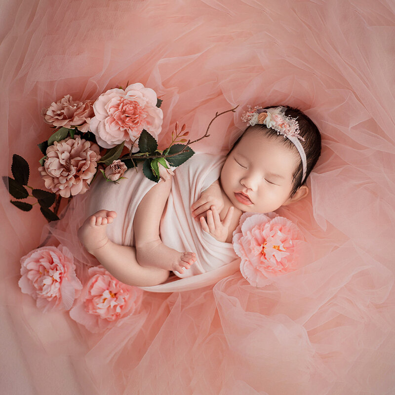 Soft Stretchable algodão fotografia adereços conjunto, recém-nascido Wraps, Headwear, tule fundo acessórios, estúdio rosa tema