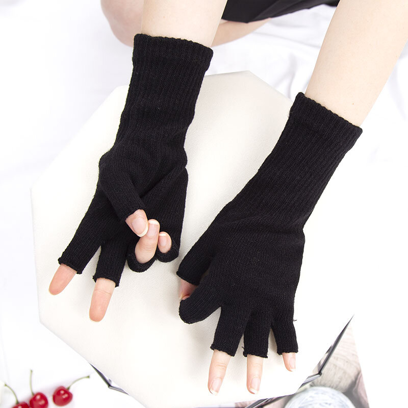 1คู่สีดำ Unisex Half Finger ถุงมือครึ่งนิ้วสำหรับผู้หญิงผู้ชายผ้าขนสัตว์ข้อมือถักผ้าฝ้าย Gothic ถุงมือฤดูหนาวถุงมือออกกำลังกาย