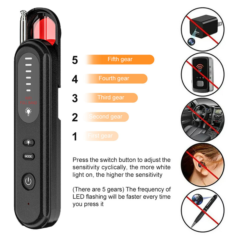 Hidden Camera Detector Listening Device Tracker Anti-Spy Electronic Signal 5 Levels Sensitivity Wireless Signal Scanner for Home