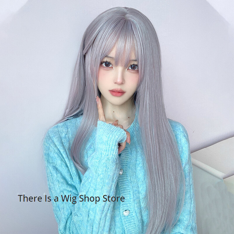Wig female long hair natural simulation rose same style gray purple air bangs long straight hair full headgear style