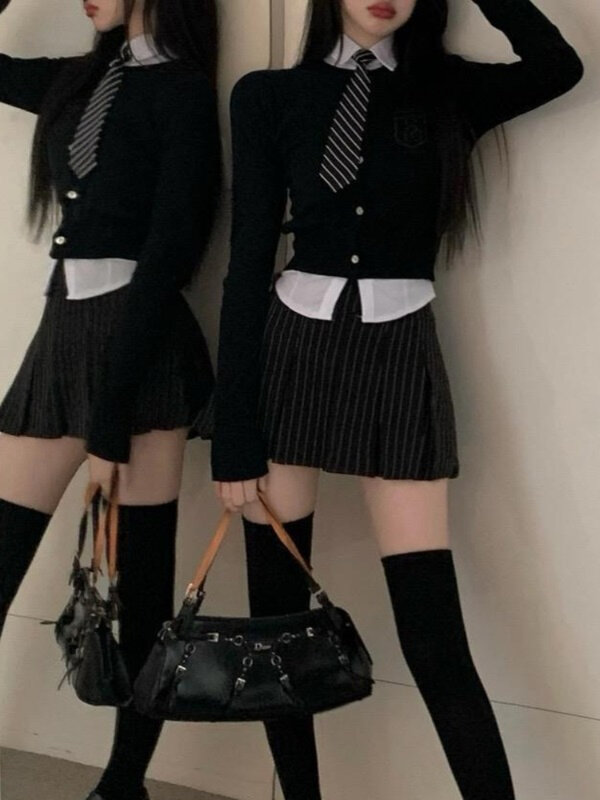 Плиссированная юбка в полоску HOUZHOU в стиле преппи, Женская винтажная пикантная Милая корейская модная трапециевидная черная мини-юбка с высокой талией Y2K 2000s