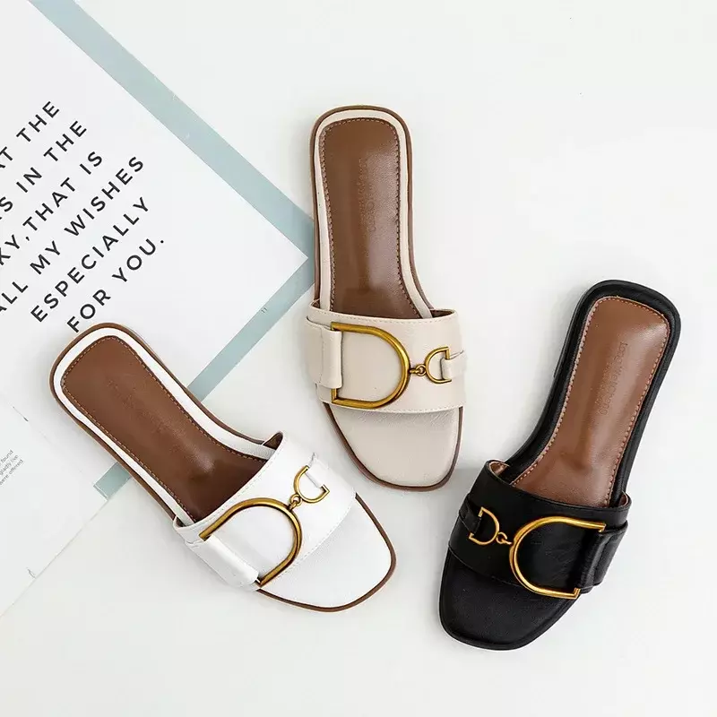Pantoufles d'été en cuir pour femmes, sandales de luxe, chaussures plates, tongs de styliste, 2024