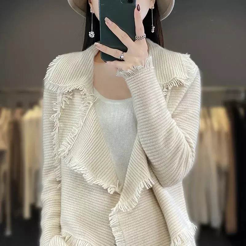 Cárdigan de lana australiana 100% para mujer, suéter de punto de Cachemira de Color sólido, de manga larga, a la moda, gran oferta