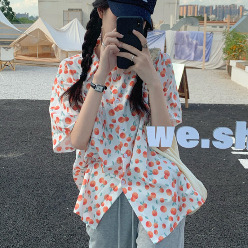 Shirts Women Fashion Korean Style Comfortable Casual Print Loose Single Breasted Summer Short Sleeve All-match Breathable Soft
