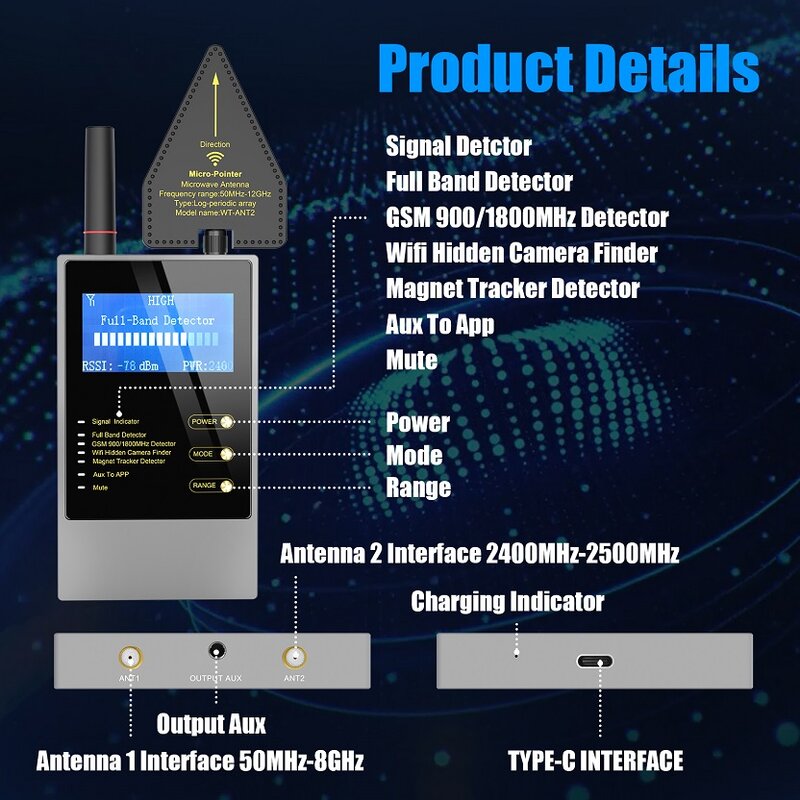The WT10 RF Detector Is An Anti-spy Bug Detector Detect Signals From  Wifi, GSM, GPS Trackers and Wiretapping Spy Devices