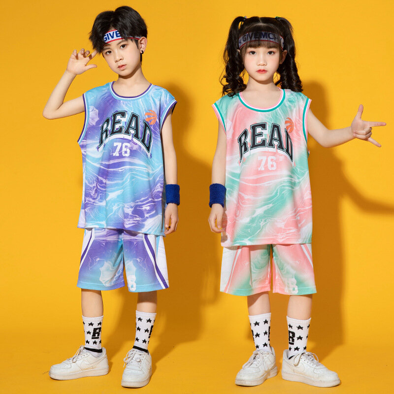Детская одежда в стиле хип-хоп, быстросохнущая майка с принтом для баскетбола, летние шорты для девочек и мальчиков, костюм для джазовых танцев, комплект одежды
