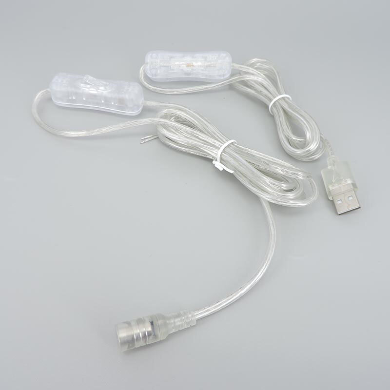 Transparente USB Macho e Feminino Conector de Alimentação, Cabo Interruptor Botão, Cabo Estendido para LED Neon Strip Light, 2m, 2Pin, DC 3A, 5V, 12V