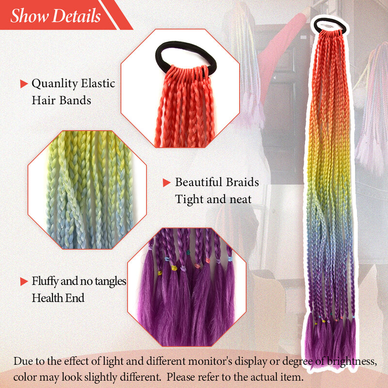 Colorful Braided Ponytail Synthetic Hair Extension 24 Inches Rainbow Color Braids Pony Tail with Elastic Band for Women Girls