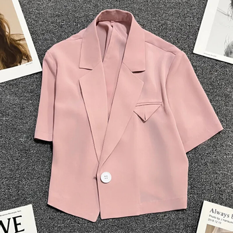 Jaqueta de gola entalhada de manga curta feminina, blazer cortado para escritório, cor sólida, terno simples, moda coreana, verão