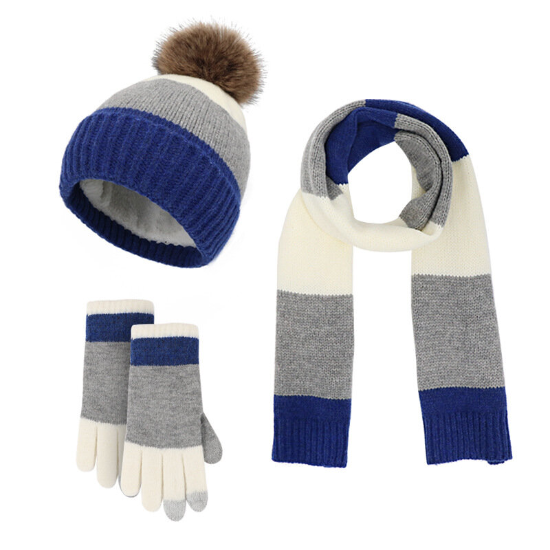 Winter Clash Colours Wool Ball Hat Scarf Gloves three-piece Set Men Women Wool Warm Thickened Knitted Hat three-piece Set
