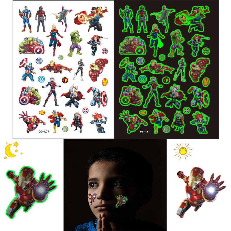 Super-herói Luminous Tattoo Sticker, The Avengers Party Favors, Birthday Party Supplies, Decorações de quarto para crianças, presentes