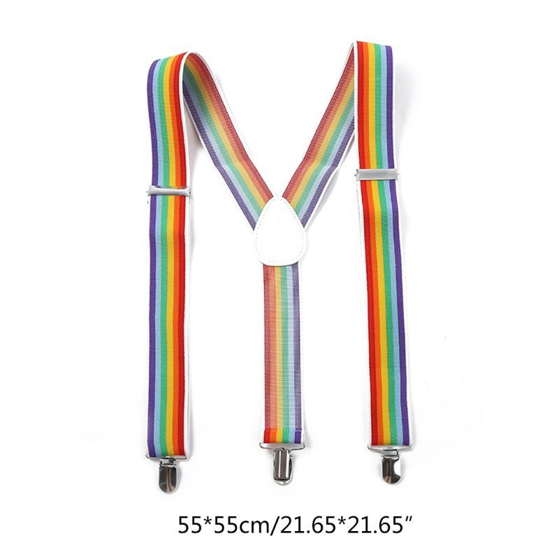 ผู้ชายผู้หญิงสายรัดปรับกว้าง Y-Back Suspenders สายรุ้งสีสันแนวตั้งลายเข็มขัดยืดหยุ่นพร้อมคลิปโลหะ