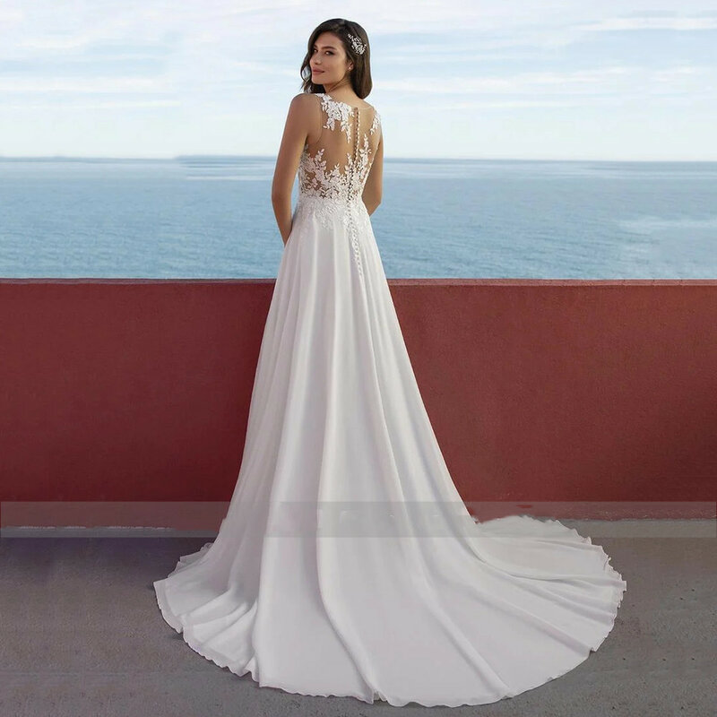 Gaun pernikahan kerah V pantai belahan tinggi seksi gaun pesta sifon tanpa lengan renda 2024 gaun panjang A-Line kancing belakang