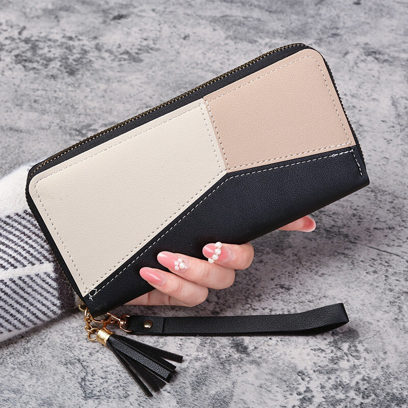 Mode trend ige Süßigkeiten Farbe Frauen lange Patchwork Brieftasche Doppel reiß verschluss Brieftaschen Handy tasche Kupplungen Geldbörse mit Armband