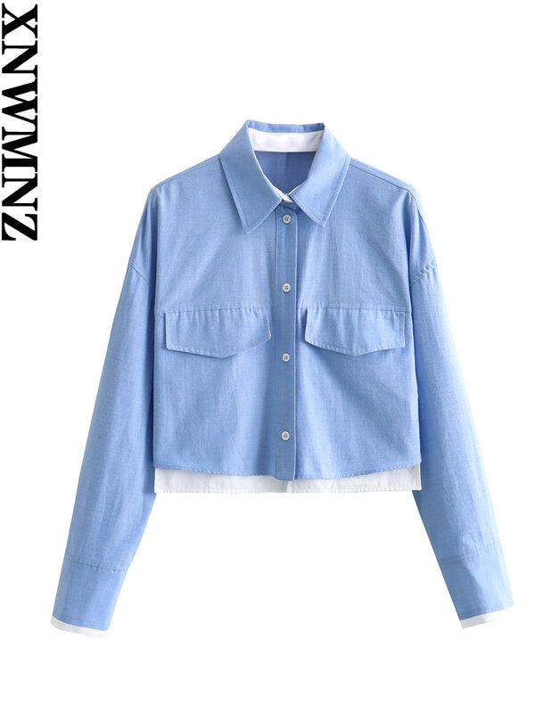 XNWMNZ-قميص أكسفورد نسائي بأكمام طويلة بجيوب ، قميص قصير أنيق ، طية صدر عالية في الشارع ، موضة نسائية ،