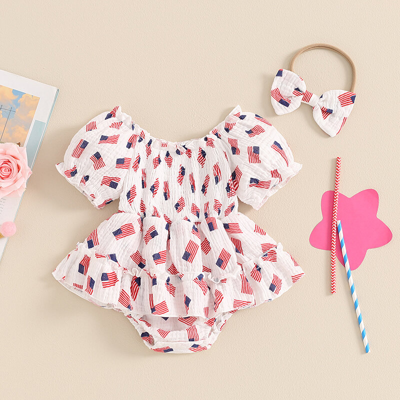 2024-03-26 lioraitiin Baby Girl 4th of July Outfit Flag Print Short Sleeve Romper Dress with Cute Headband Set Summer Outfits