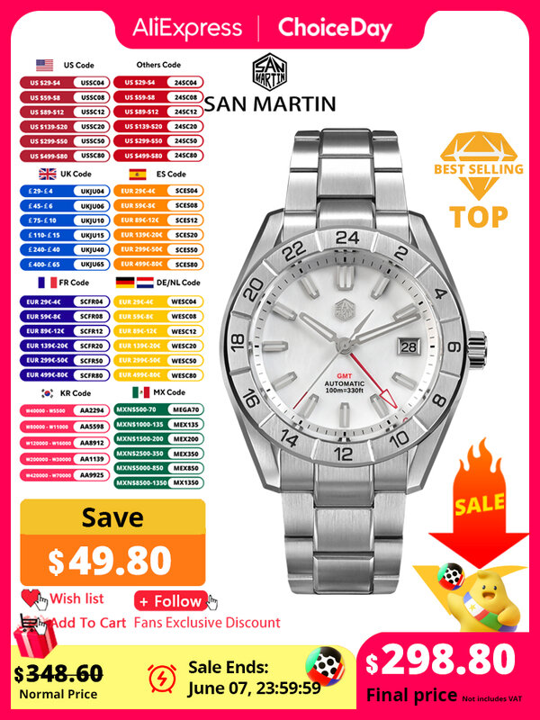 San Martin 42มม. นาฬิกานาฬิกาหรูหราสำหรับผู้ชาย, SN0130 10Bar เรืองแสงไพลินระบบอัตโนมัติรุ่น NH34 Gmt
