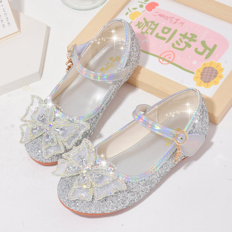 Luksusowe markowe skórzane buty dla dzieci cekiny wzór kokardy księżniczki dziewczyny imprezowe buty do tańca modne buty dziecięce na płaskim obcasie