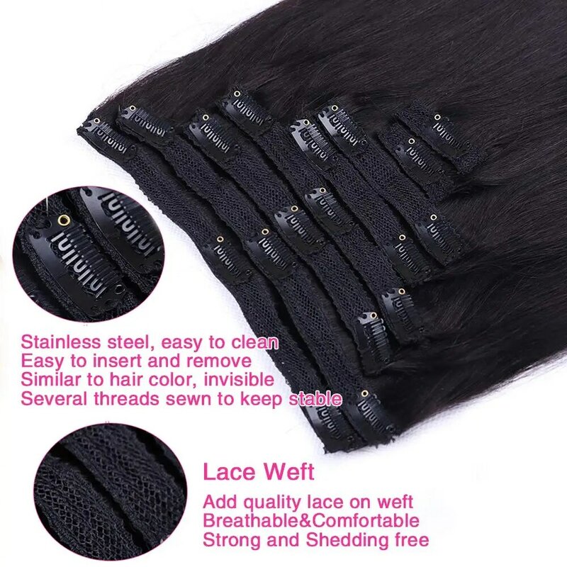 Extensiones de cabello humano liso para mujeres negras, conjunto de Cabello 100% humano virgen, Color negro Natural