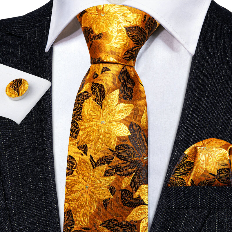 Elegant Mens Ties Gold Leaves Floral Silk Neck Tie Pocket Square Cufflinks Set Wedding Gift Free Shipping Barry·Wang 5966