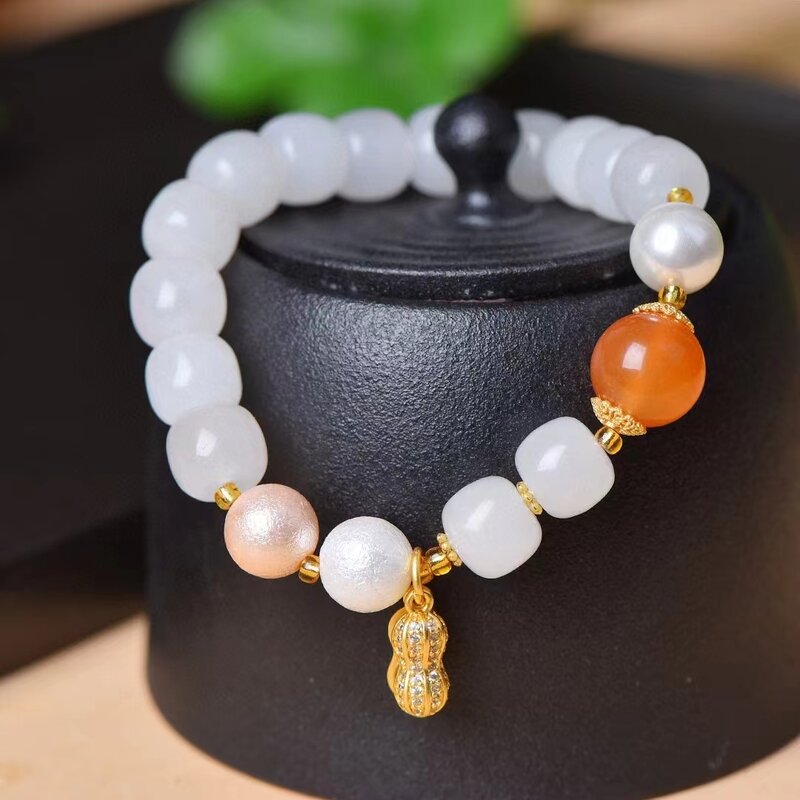 Golden Silk Jade Hand Chain White Apple Beads Natural Stone Elastic Bangle Exquisite Women Gemstone Bracelets Charms Jewelry