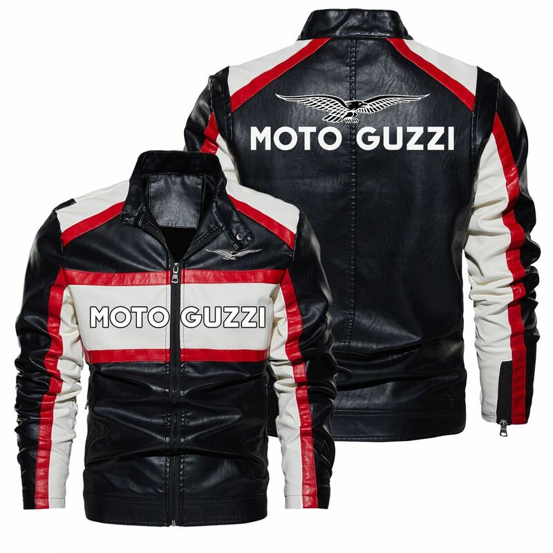 New Motorcycle Style Bomber Jacket Moto Guzzi Contrast Color Leather Jacket Spring and Autumn PU Leather Jacket Driving Jogging
