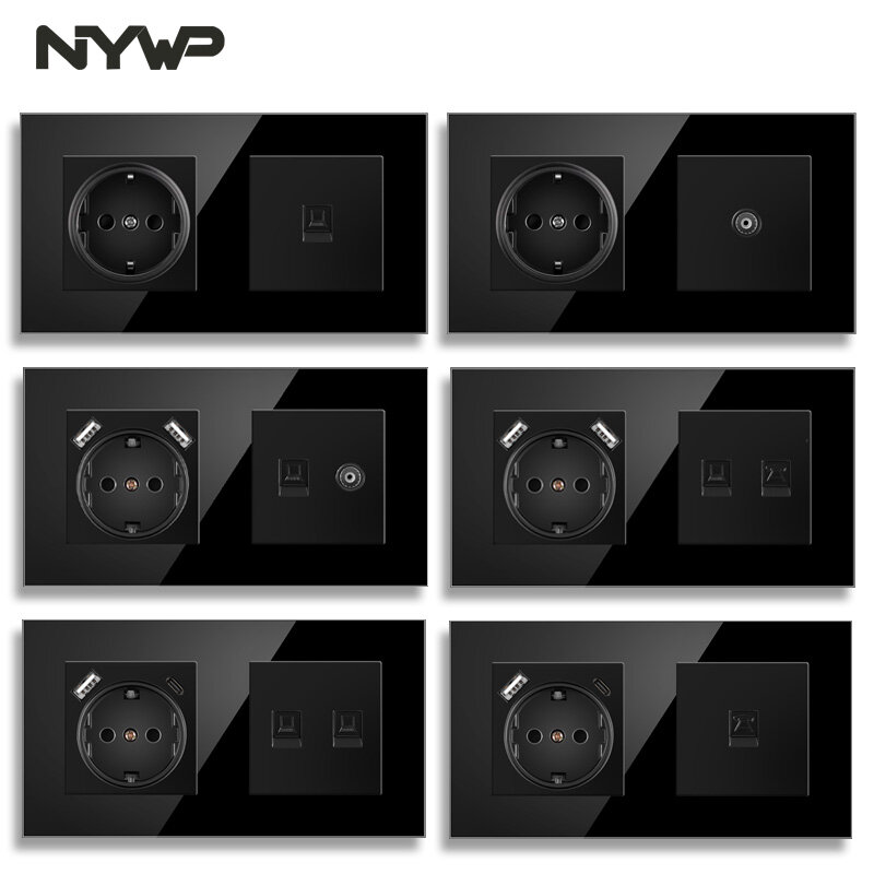 Настенная розетка NYWP настенная розетка стандарта ЕС + TV phone, черное закаленное стекло rj45 cat6, 157*86 мм