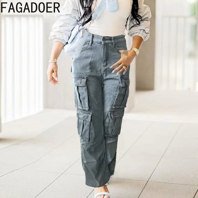 FAGADOER Fashion Denim Pocket Cargo Wide Leg Pants Women High Waisted Button Straight Jean Trousers Female Cowboy Bottoms 2024