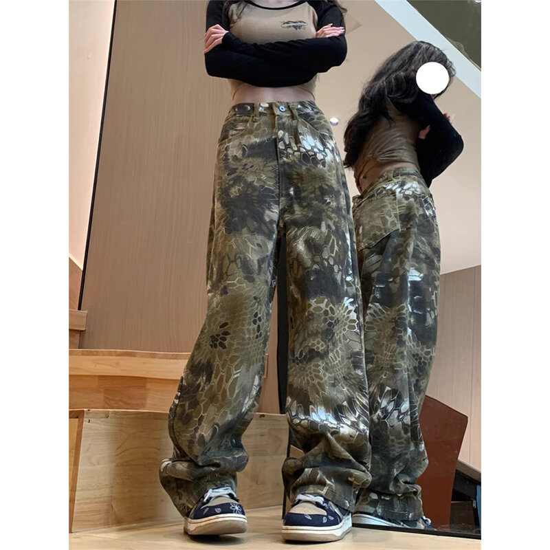 กางเกงผู้หญิงคาร์โก้ลายพราง Y2k สตรีทแวร์แนวเรโทรกางเกงยีนส์ขากว้างแนวย้อนยุคกางเกงยีนส์ขายาวตรงฮาราจูกุ2000S