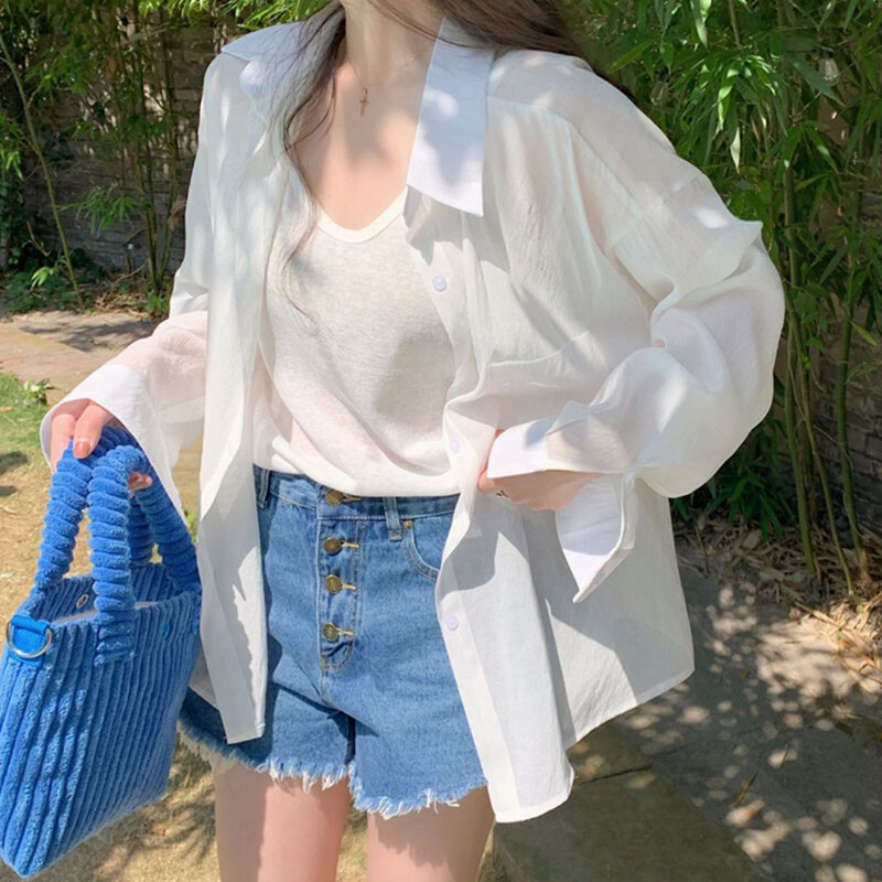 ريموسي-قمصان نسائية كورية للحماية من الشمس ، بلوزة رقيقة بسيطة ، كم طويل ، قميص شاطئ فضفاض ، أحادي اللون ، الصيف ،