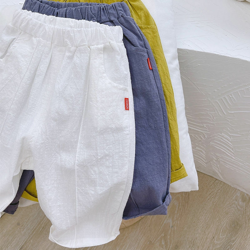 Pantaloni della tuta in cotone e lino per neonato pantaloni estivi per bambini a 5 punti pantaloni per bambini in tinta unita pantaloni primaverili per neonati