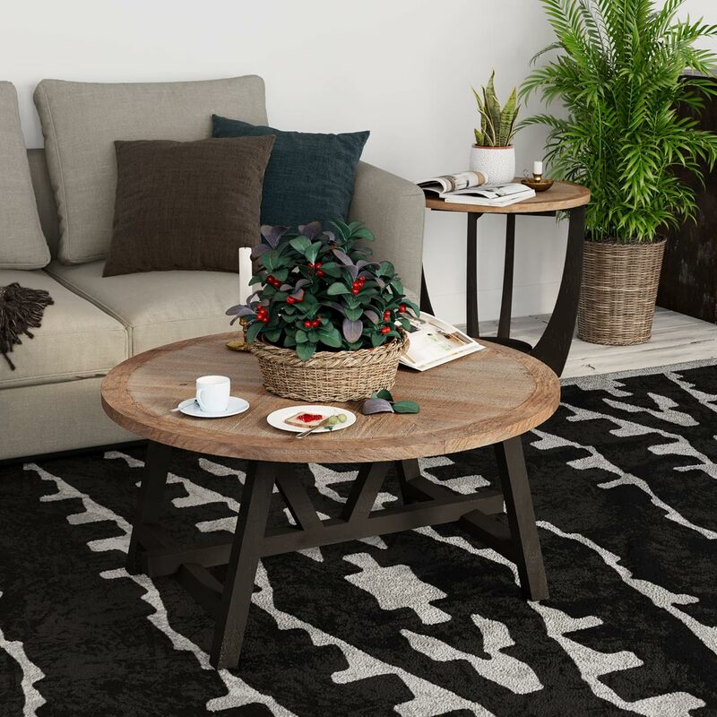 Rustikaler Bauernhaus-Couch tisch mit geometrischer Basis, französischer Land akzent tisch für Familie, Esszimmer oder Wohnzimmer, modern, rund
