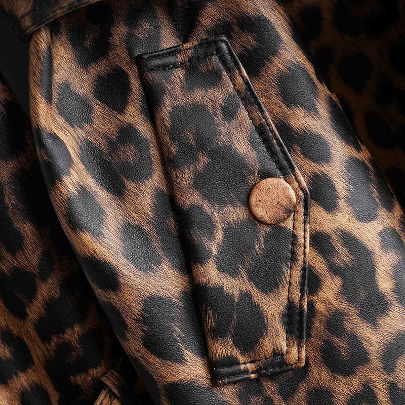 Manteau long en cuir véritable pour femme, imprimé léopard, peau de mouton véritable, mode féminine, printemps, automne, nouveau