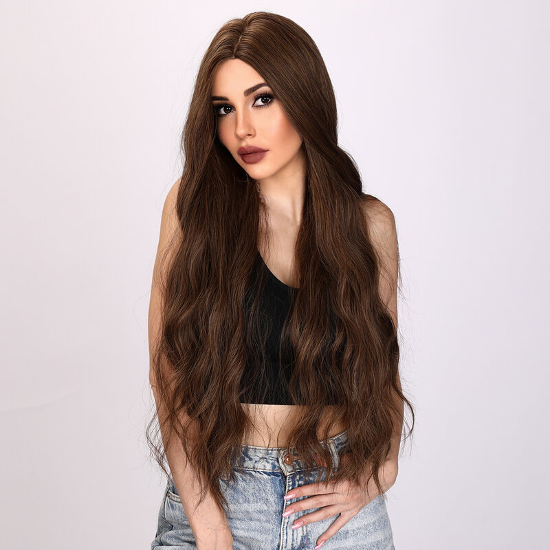 Длинные волнистые коричневые кудрявые парики средней длины 32 дюйма для женщин синтетические волосы натуральные кудрявые волосы парик Лолита жемчуга ежедневный парик