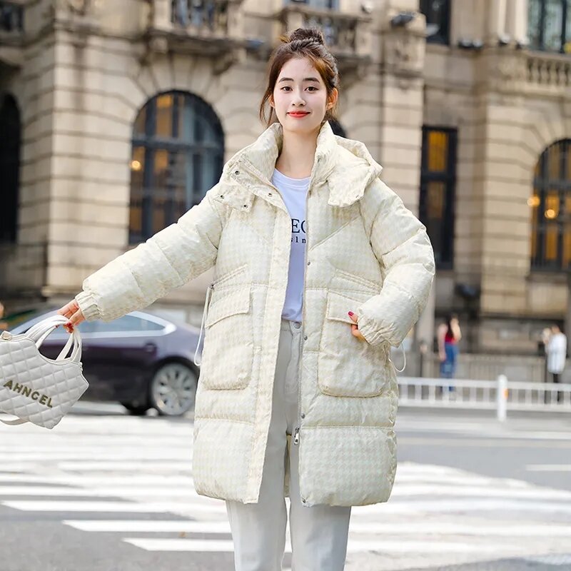 2024 Winter New Cotton Jacket women's Thousand Bird Checker addensare cappotto allentato con cappuccio Warm Female parka Casual lungo soprabito